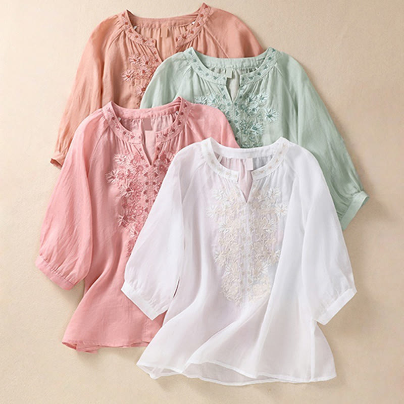 Camisa de lino y algodón para mujer con diseño bordado de Buddha Stones y manga tres cuartos