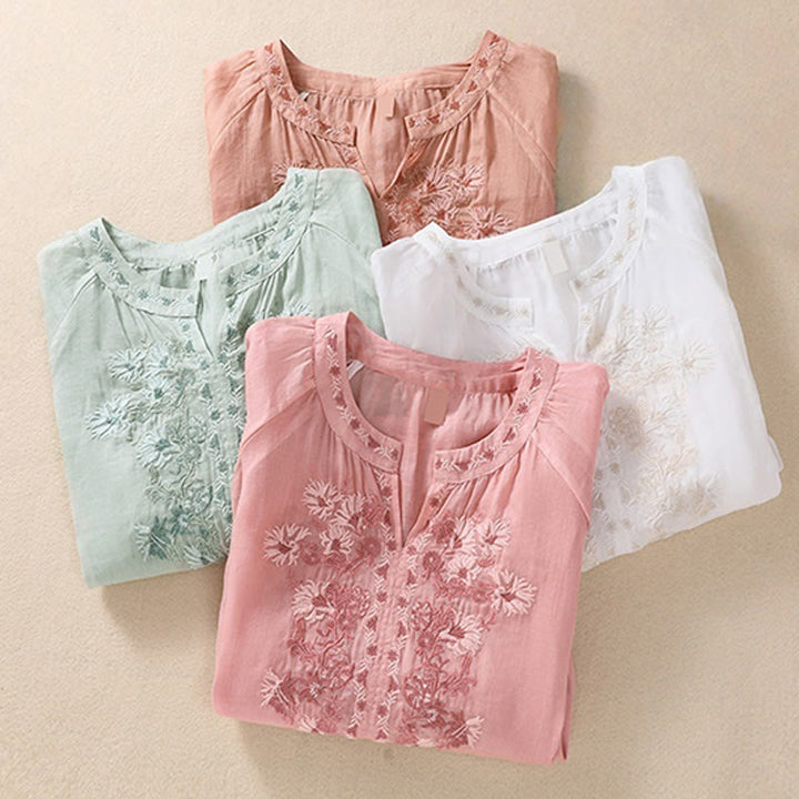 Camisa de lino y algodón para mujer con diseño bordado de Buddha Stones y manga tres cuartos