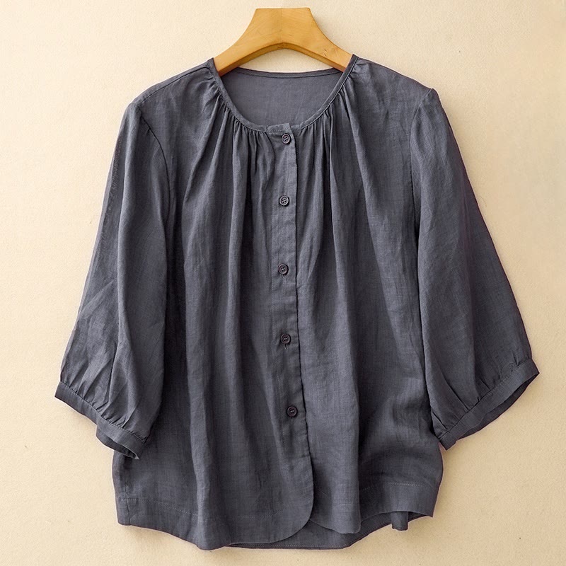 Camisa de algodón con cuello redondo y botones lisos para mujer, manga tres cuartos, con diseño de Buddha Stones - Marina de guerra - US14，UK/AU18，EU46 (2XL) - image 0