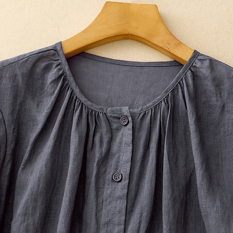 Camisa de algodón con cuello redondo y botones lisos para mujer, manga tres cuartos, con diseño de Buddha Stones - image 1