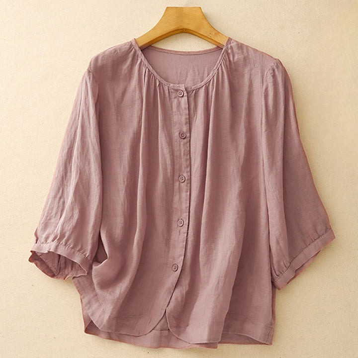 Camisa de mujer con cuello redondo, botones y manga tres cuartos, diseño de Buddha Stones - Rojo violeta pálido - US12, UK/AU16, EU44 (2XL) - image 6