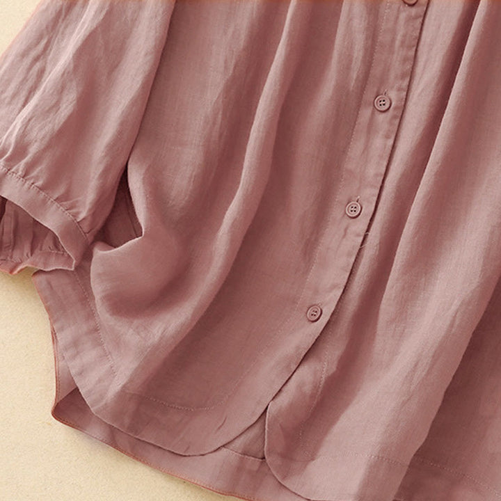 Camisa de mujer con cuello redondo, botones y manga tres cuartos, diseño de Buddha Stones - image 10