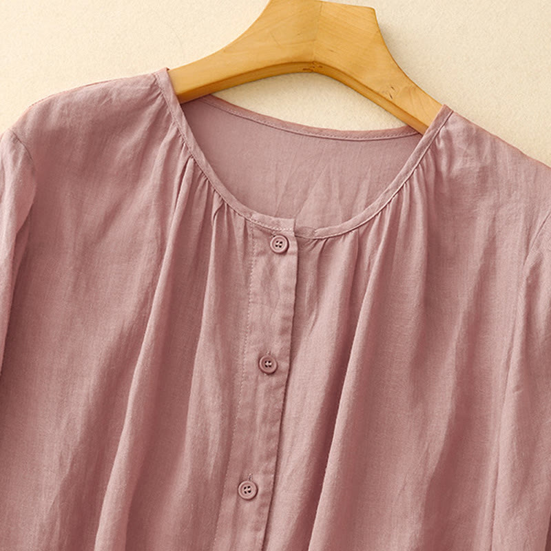 Camisa de algodón con cuello redondo y botones lisos para mujer, manga tres cuartos, con diseño de Buddha Stones - image 6