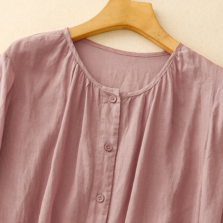 Camisa de algodón con cuello redondo y botones lisos para mujer, manga tres cuartos, con diseño de Buddha Stones - image 6