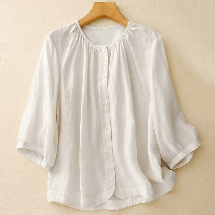 Camisa de manga tres cuartos para mujer con diseño de cuello redondo y botones lisos con estampado de Buddha Stones. - Nieve - US12, UK/AU16, EU44 (2XL) - image 12