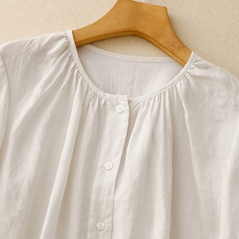 Camisa de algodón con cuello redondo y botones lisos para mujer, manga tres cuartos, con diseño de Buddha Stones - image 12