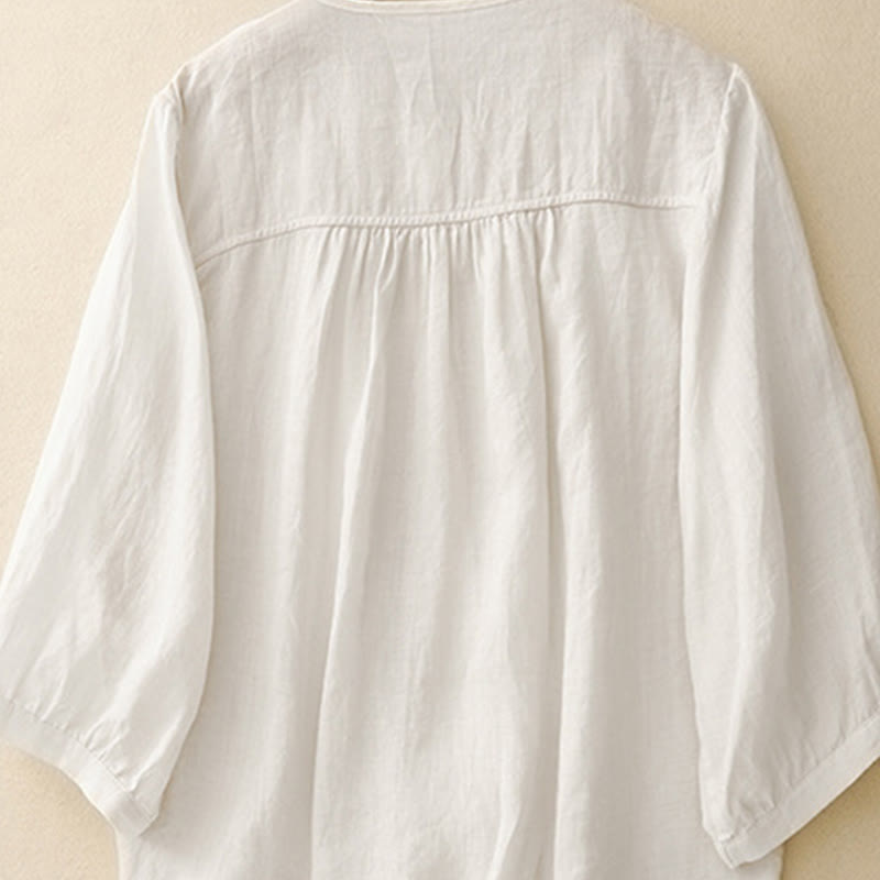 Camisa de algodón con cuello redondo y botones lisos para mujer, manga tres cuartos, con diseño de Buddha Stones - image 17