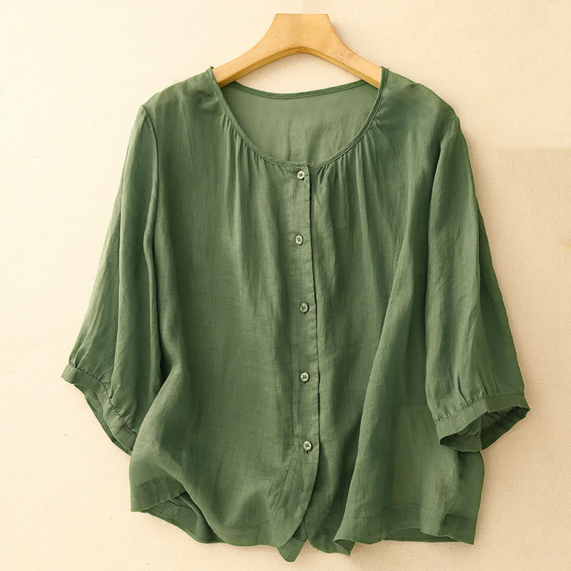 Camisa de algodón con cuello redondo y botones lisos para mujer, manga tres cuartos, con diseño de Buddha Stones - Verde - US14，UK/AU18，EU46 (2XL) - image 21