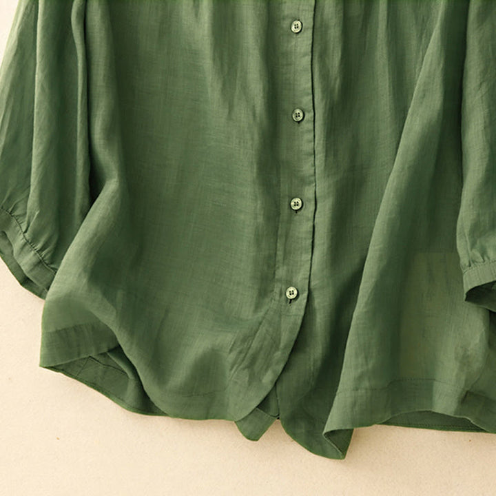Camisa de algodón con cuello redondo y botones lisos para mujer, manga tres cuartos, con diseño de Buddha Stones - image 25