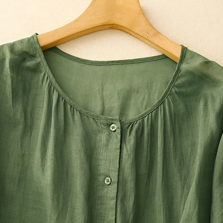 Camisa de algodón con cuello redondo y botones lisos para mujer, manga tres cuartos, con diseño de Buddha Stones - image 22