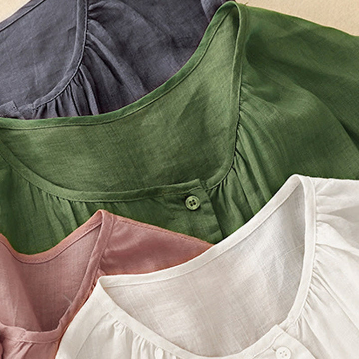 Camisa de algodón con cuello redondo y botones lisos para mujer, manga tres cuartos, con diseño de Buddha Stones - image 28