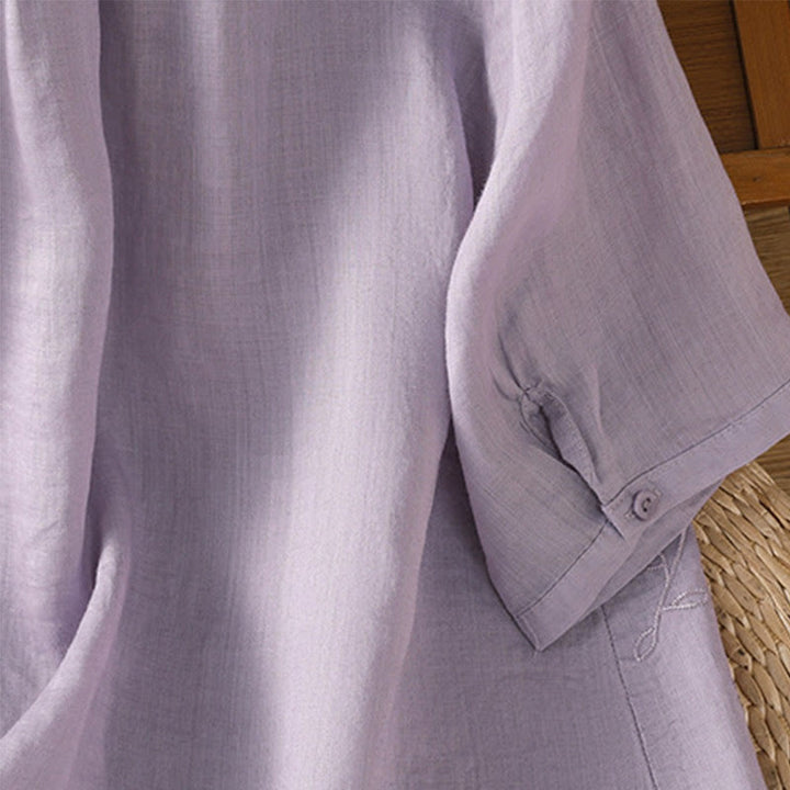 Camisa de algodón de manga corta para mujer con cuello alto y botones delanteros bordados con Buddha Stones