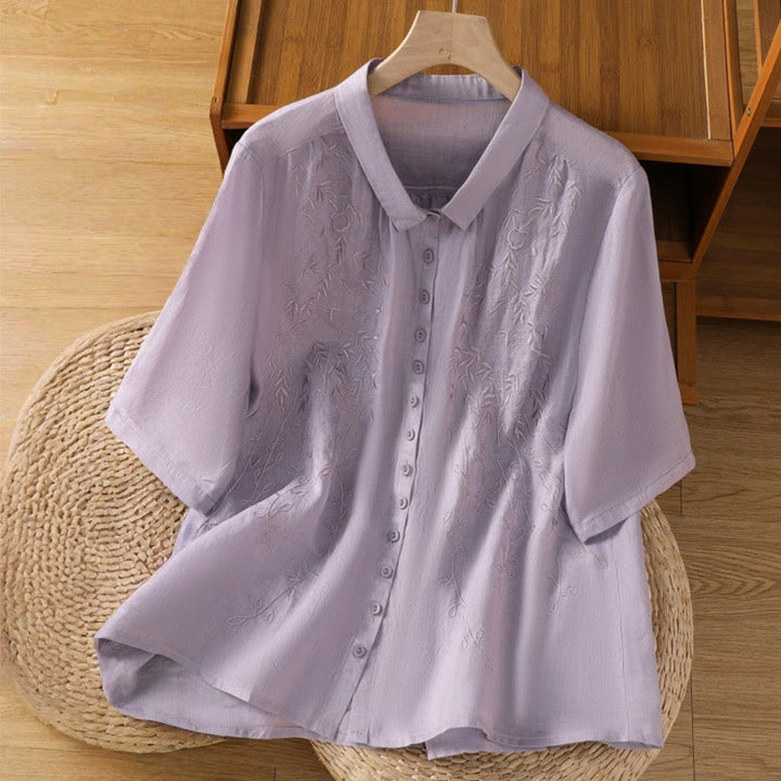 Camisa de algodón de manga corta para mujer con cuello alto y botones delanteros bordados con Buddha Stones