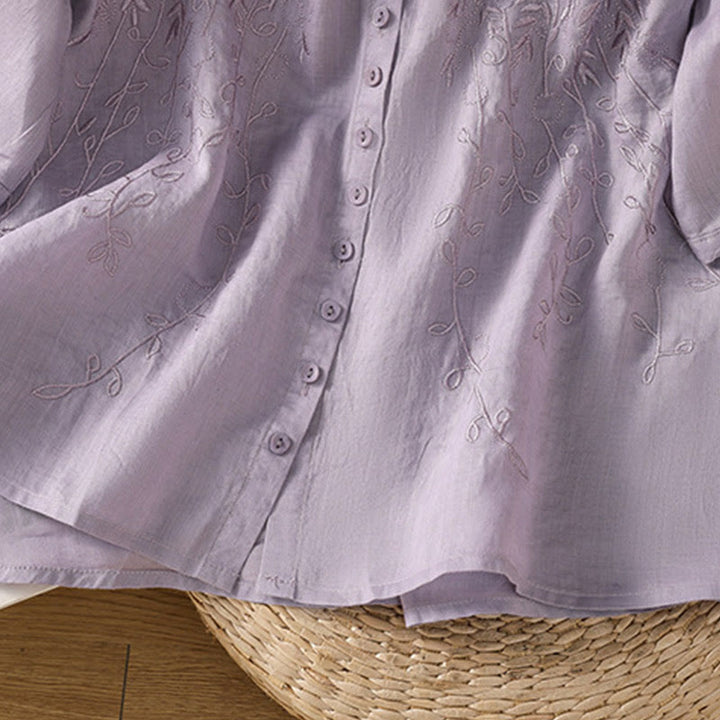 Camisa de algodón de manga corta para mujer con cuello alto y botones delanteros bordados con Buddha Stones
