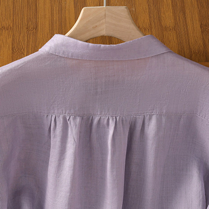 Camisa de algodón de manga corta para mujer con cuello alto y botones delanteros bordados con Buddha Stones