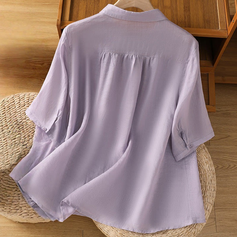 Camisa de algodón de manga corta para mujer con cuello alto y botones delanteros bordados con Buddha Stones