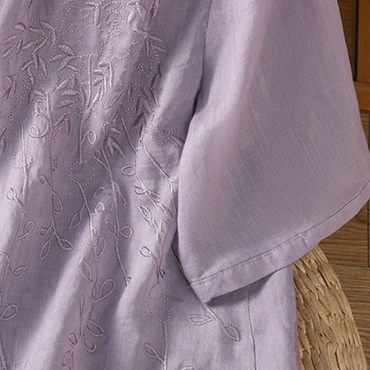 Camisa de algodón de manga corta para mujer con cuello alto y botones delanteros bordados con Buddha Stones