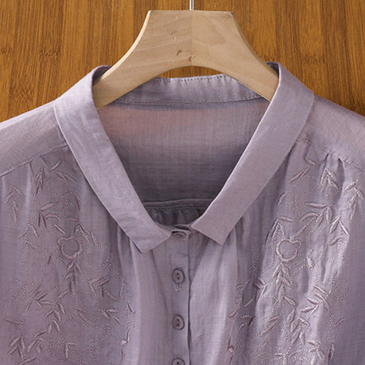 Camisa de algodón de manga corta para mujer con cuello alto y botones delanteros bordados con Buddha Stones