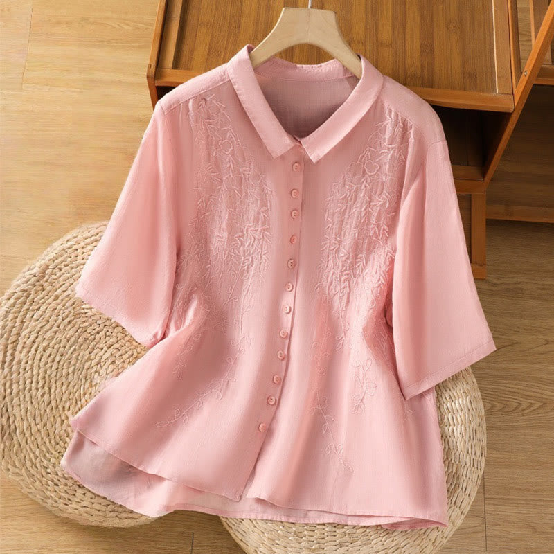 Camisa de algodón de manga corta para mujer con cuello alto y botones delanteros bordados con Buddha Stones