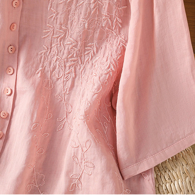 Camisa de algodón de manga corta para mujer con cuello alto y botones delanteros bordados con Buddha Stones