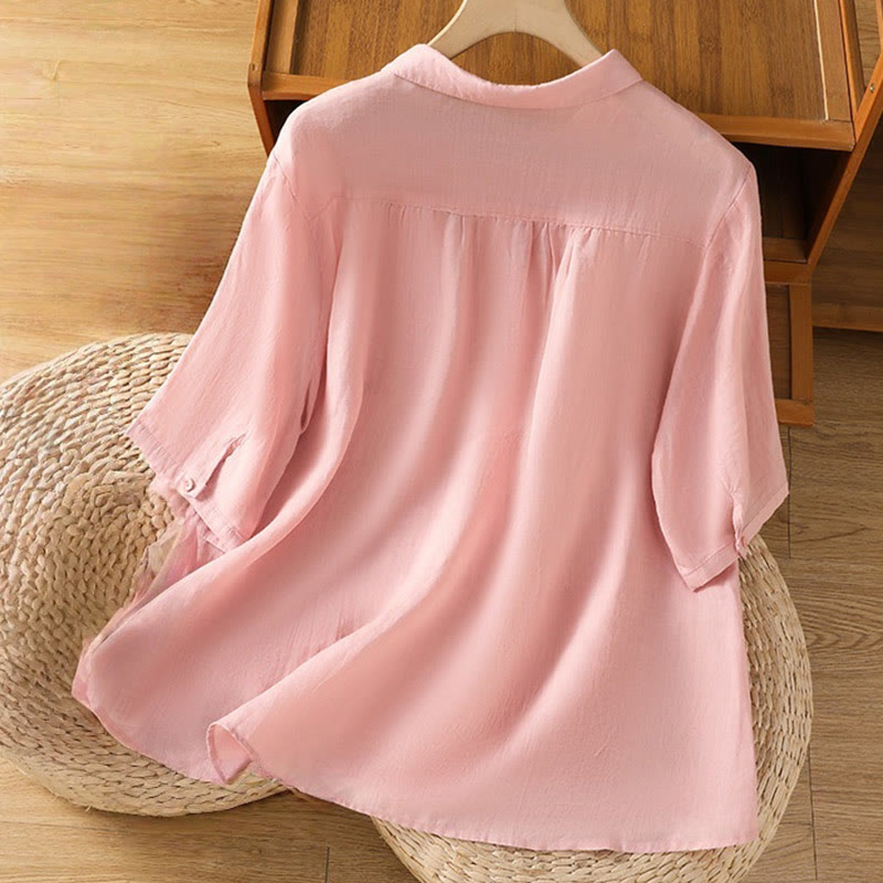 Camisa de algodón de manga corta para mujer con cuello alto y botones delanteros bordados con Buddha Stones