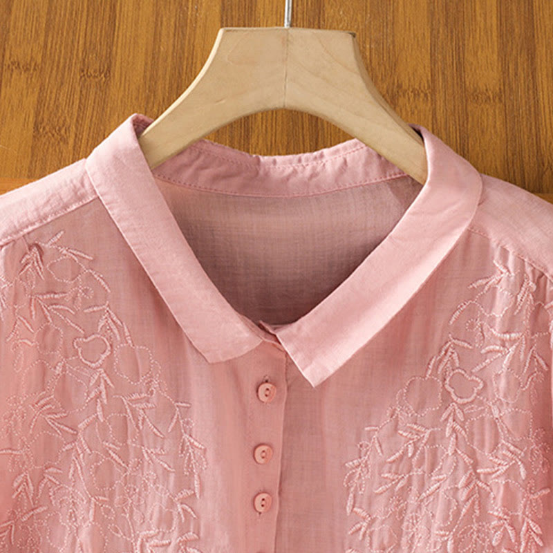 Camisa de algodón de manga corta para mujer con cuello alto y botones delanteros bordados con Buddha Stones