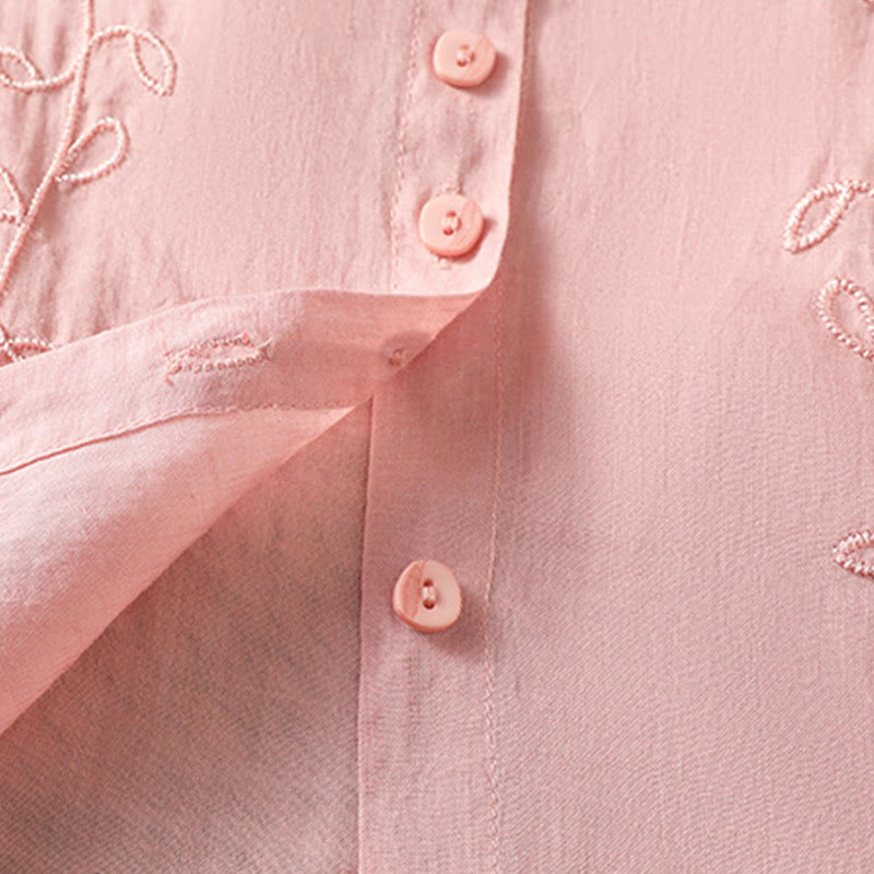 Camisa de algodón de manga corta para mujer con cuello alto y botones delanteros bordados con Buddha Stones