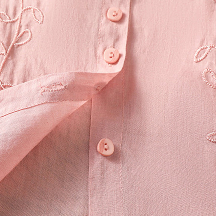 Camisa de algodón de manga corta para mujer con cuello alto y botones delanteros bordados con Buddha Stones
