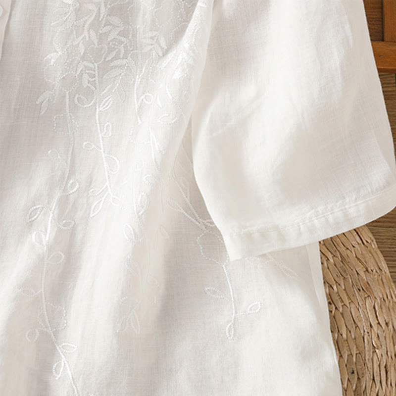 Camisa de algodón de manga corta para mujer con cuello alto y botones delanteros bordados con Buddha Stones
