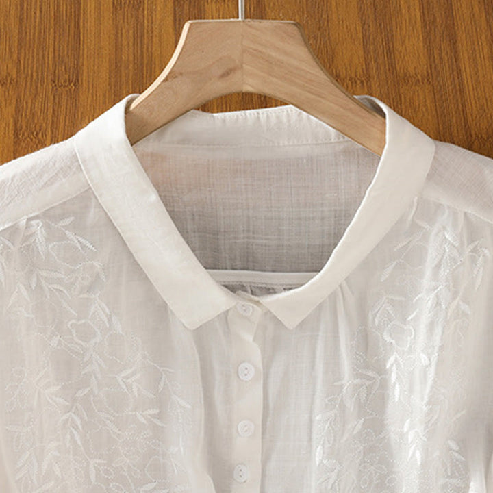 Camisa de algodón de manga corta para mujer con cuello alto y botones delanteros bordados con Buddha Stones