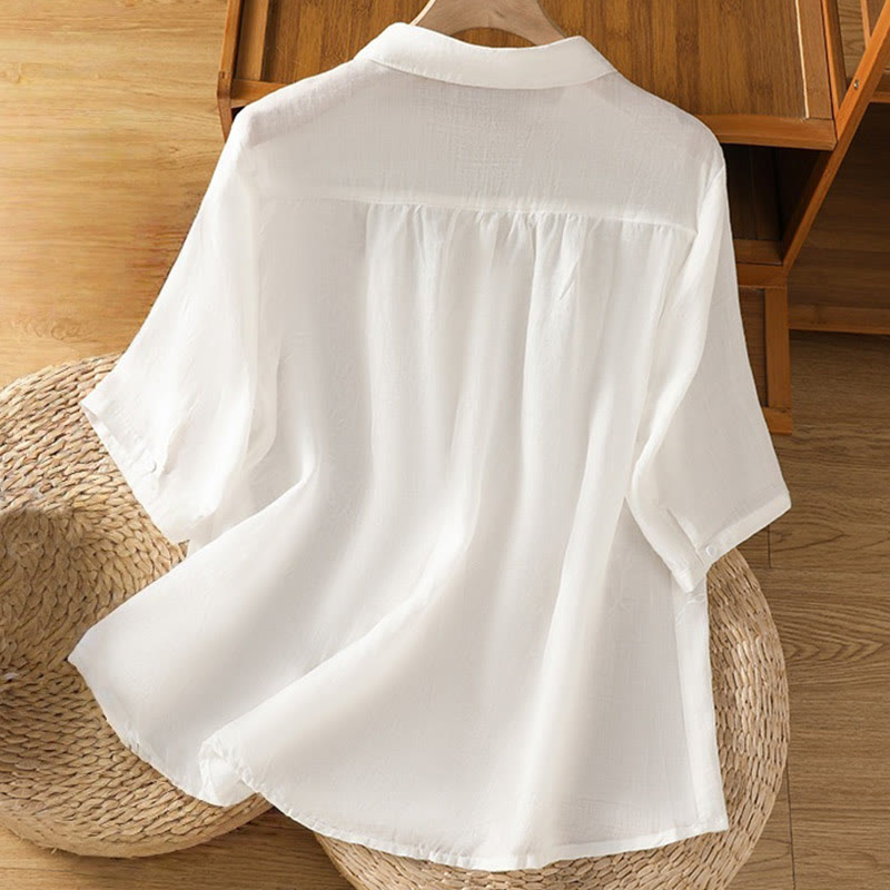 Camisa de algodón de manga corta para mujer con cuello alto y botones delanteros bordados con Buddha Stones