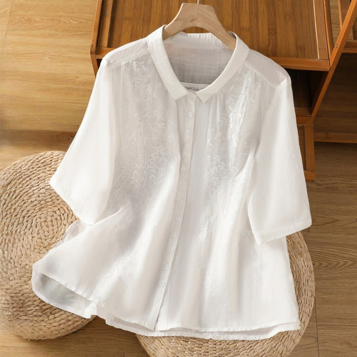 Camisa de algodón de manga corta para mujer con cuello alto y botones delanteros bordados con Buddha Stones