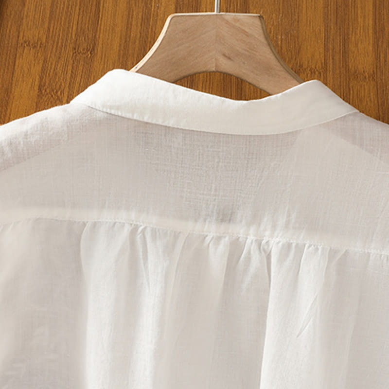 Camisa de algodón de manga corta para mujer con cuello alto y botones delanteros bordados con Buddha Stones