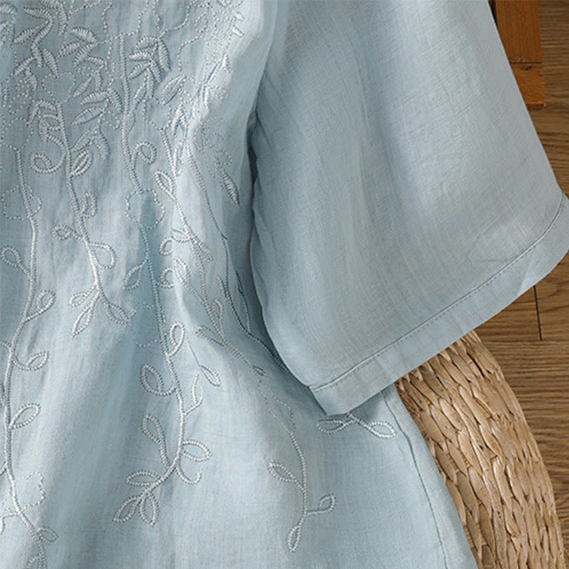Camisa de algodón de manga corta para mujer con cuello alto y botones delanteros bordados con Buddha Stones