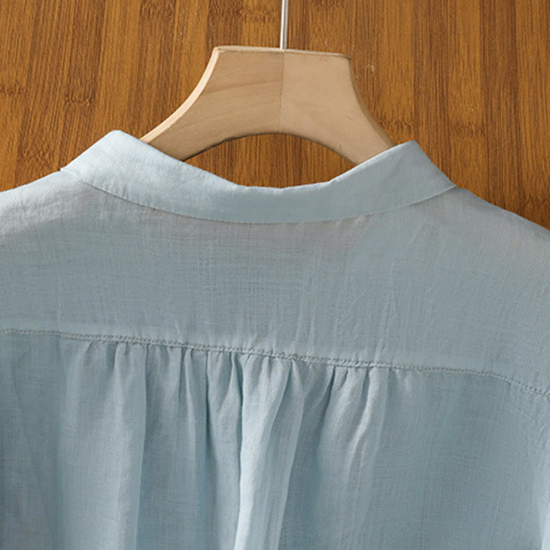 Camisa de algodón de manga corta para mujer con cuello alto y botones delanteros bordados con Buddha Stones