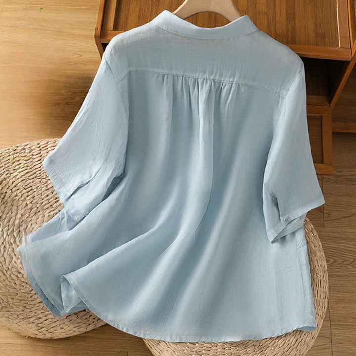 Camisa de algodón de manga corta para mujer con cuello alto y botones delanteros bordados con Buddha Stones