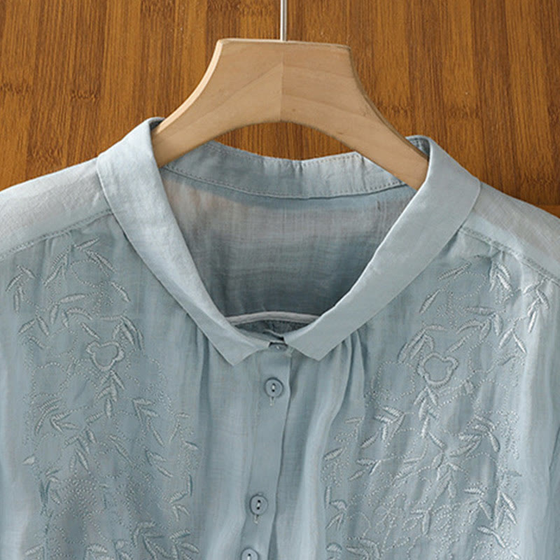 Camisa de algodón de manga corta para mujer con cuello alto y botones delanteros bordados con Buddha Stones