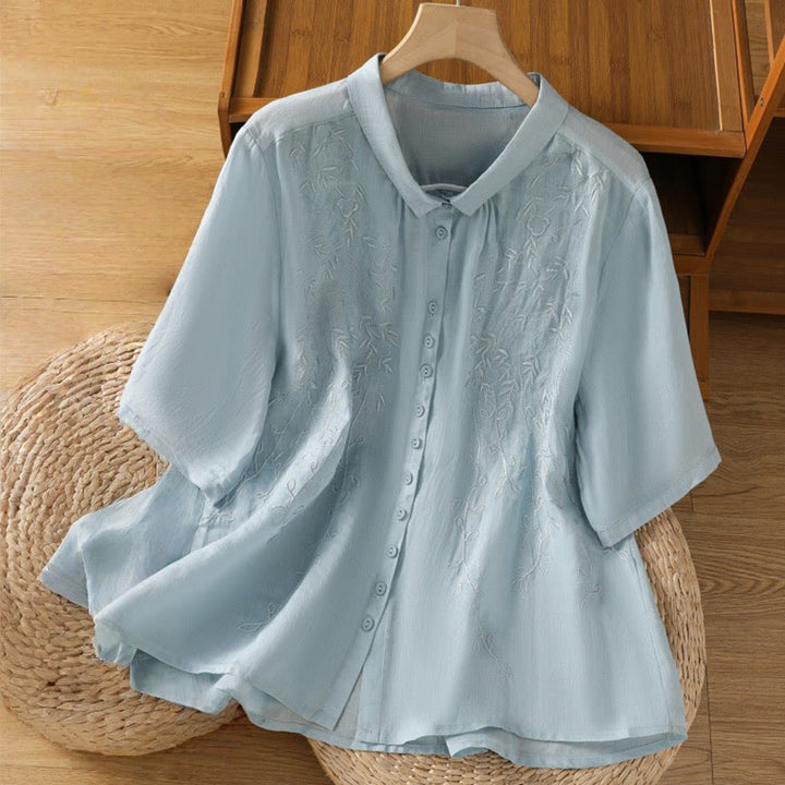Camisa de algodón de manga corta para mujer con cuello alto y botones delanteros bordados con Buddha Stones