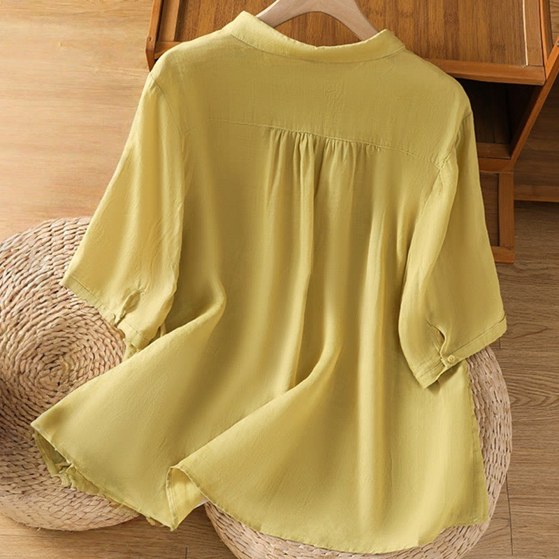 Camisa de algodón de manga corta para mujer con cuello alto y botones delanteros bordados con Buddha Stones