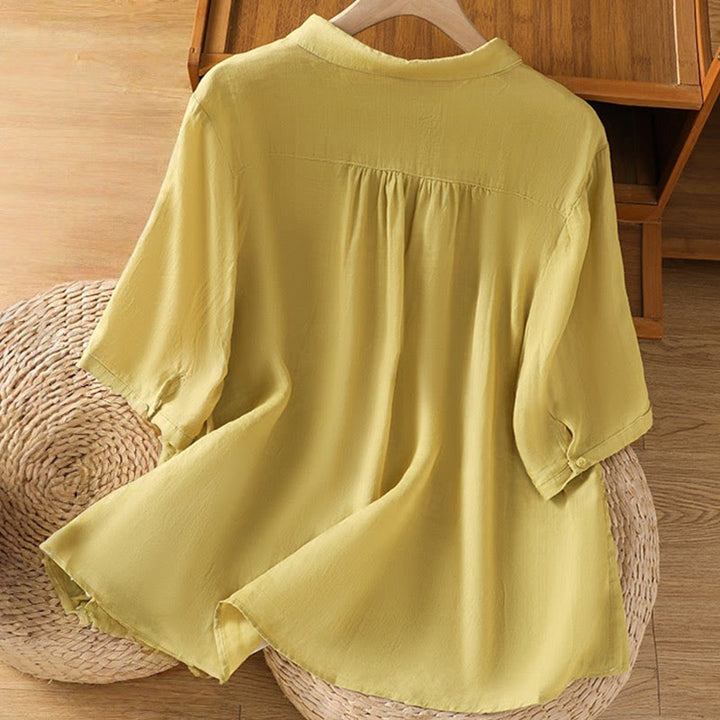 Camisa de algodón de manga corta para mujer con cuello alto y botones delanteros bordados con Buddha Stones