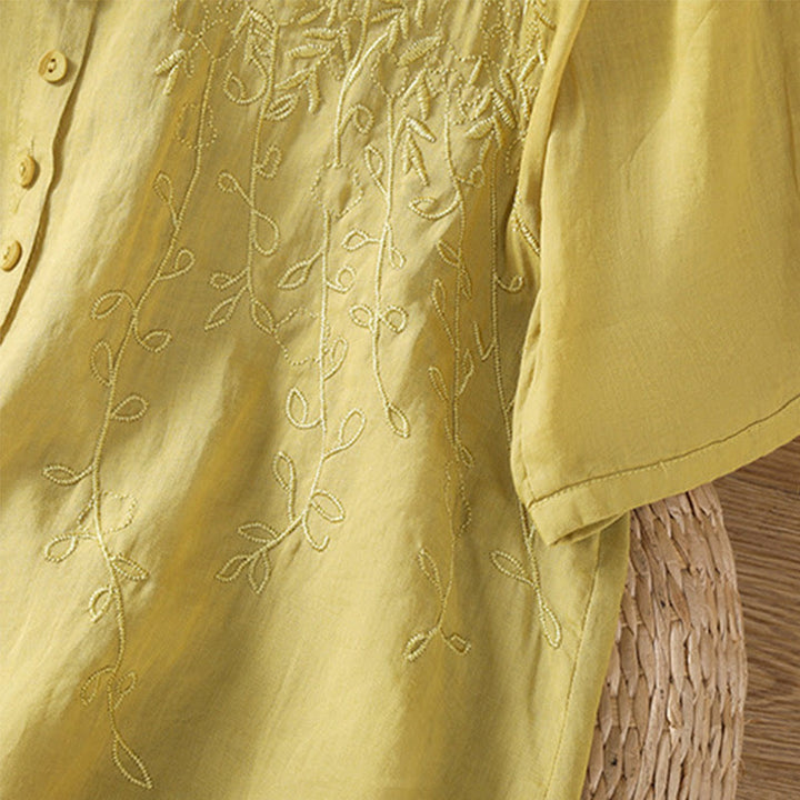 Camisa de algodón de manga corta para mujer con cuello alto y botones delanteros bordados con Buddha Stones