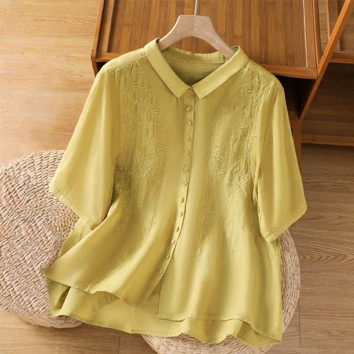 Camisa de algodón de manga corta para mujer con cuello alto y botones delanteros bordados con Buddha Stones