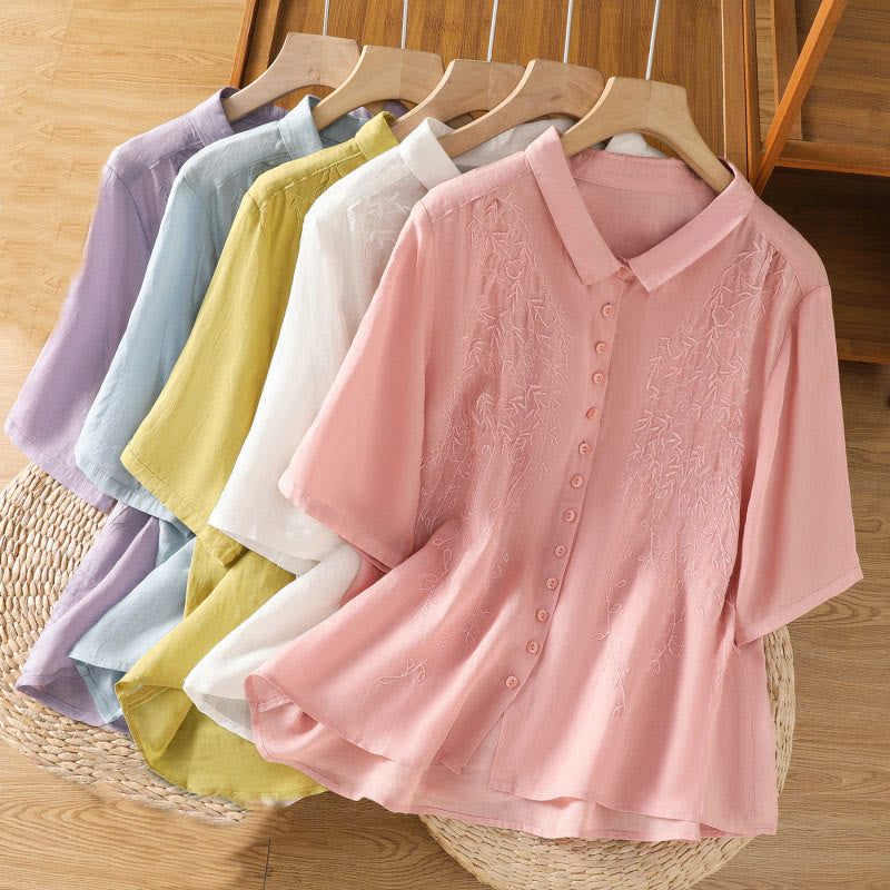 Camisa de algodón de manga corta para mujer con cuello alto y botones delanteros bordados con Buddha Stones