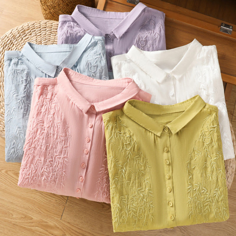 Camisa de algodón de manga corta para mujer con cuello alto y botones delanteros bordados con Buddha Stones