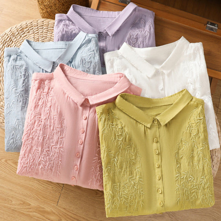 Camisa de algodón de manga corta para mujer con cuello alto y botones delanteros bordados con Buddha Stones
