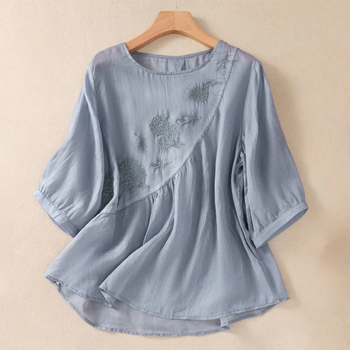 Camisa de algodón y lino de media manga para mujer con diseño floral bordado con Buddha Stones y cuello redondo