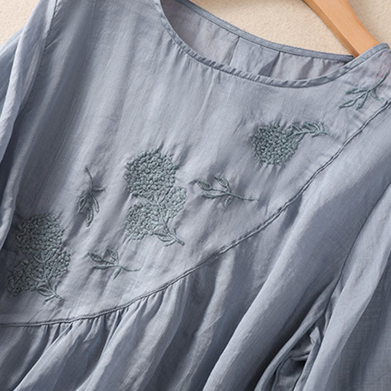 Camisa de algodón y lino de media manga para mujer con diseño floral bordado con Buddha Stones y cuello redondo