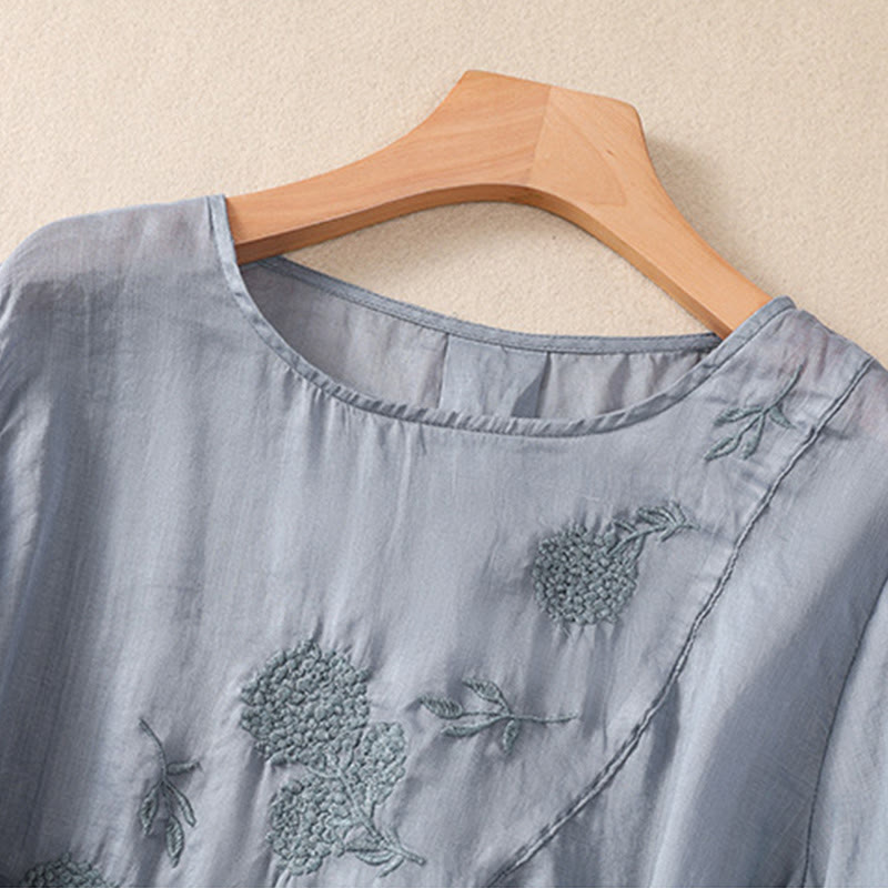 Camisa de algodón y lino de media manga para mujer con diseño floral bordado con Buddha Stones y cuello redondo