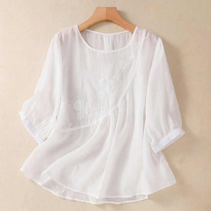 Camisa de algodón y lino de media manga para mujer con diseño floral bordado con Buddha Stones y cuello redondo