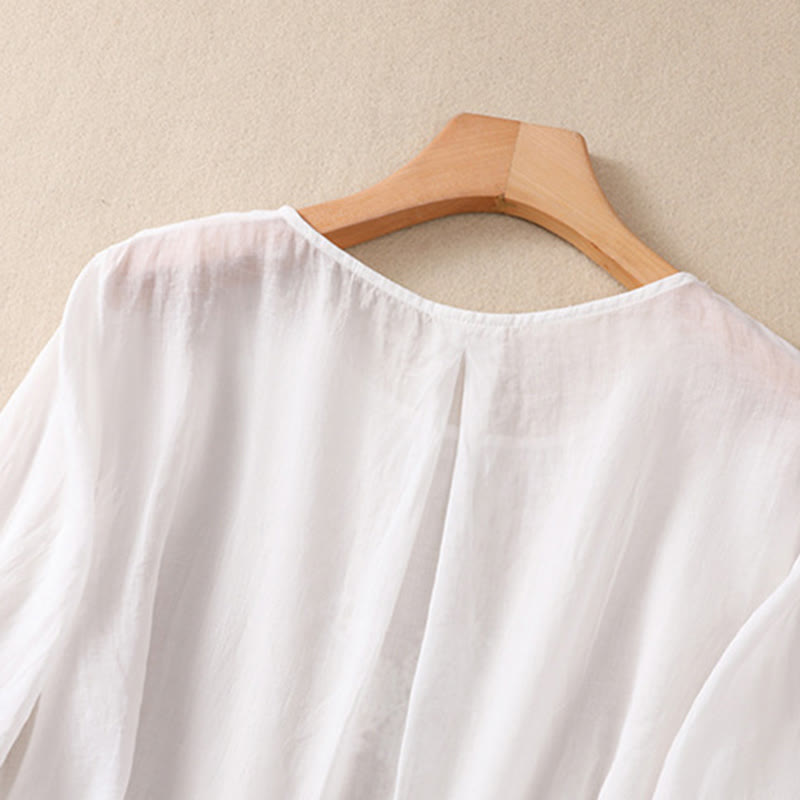 Camisa de algodón y lino de media manga para mujer con diseño floral bordado con Buddha Stones y cuello redondo